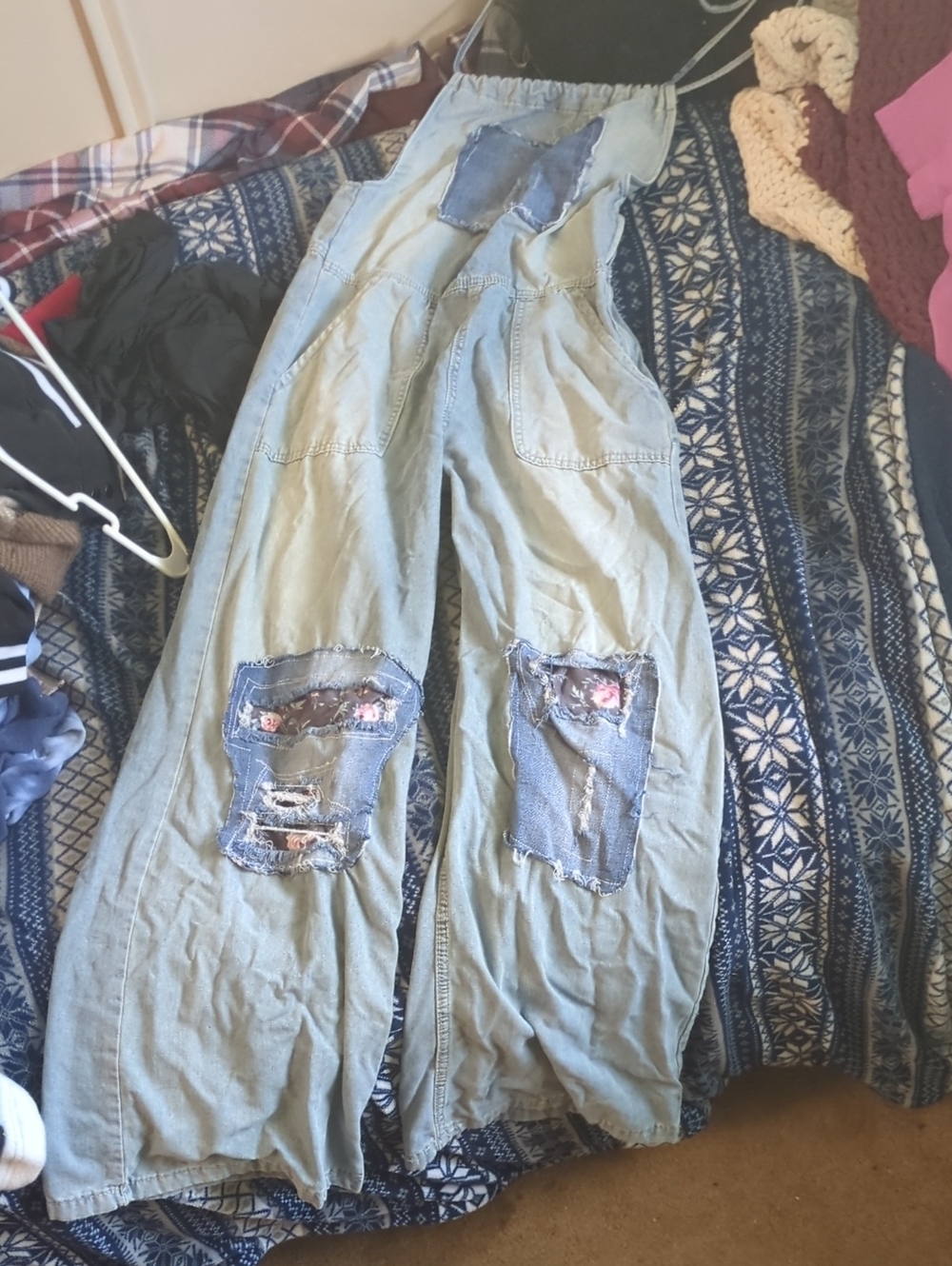 Light Wash Wide Leg Denim Patch Overalls with Distressed Knee Detail